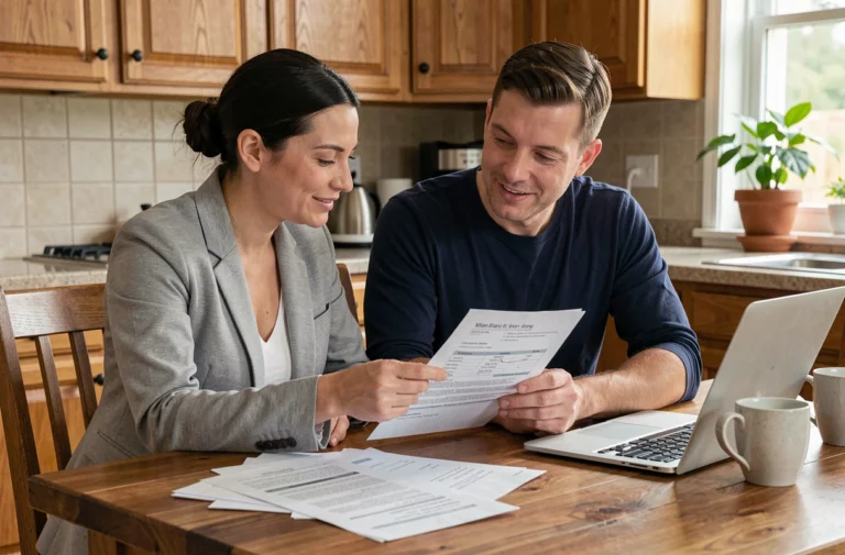 Couple en train d'étudier des documents de crédit immobilier à leur table de cuisine, illustrant la recherche de solutions de financement pour un achat immobilier