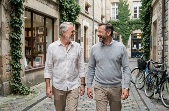 Deux hommes d'une cinquantaine d'années marchant ensemble dans une rue pavée européenne, atmosphère complice et détendue