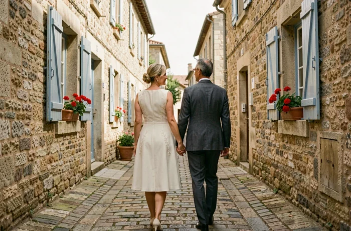 Couple de mariés marchant main dans la main dans une ruelle pavée d'un village français, illustrant un mariage intime et loin des projecteurs
