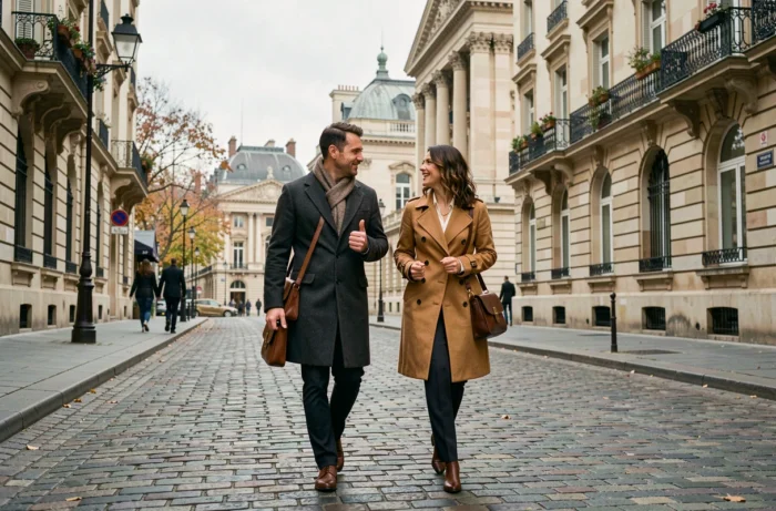 Un couple de musiciens en promenade dans les rues de Paris, alliant vie personnelle et passion artistique