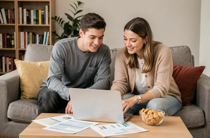 Couple planifiant leurs économies ensemble sur un canapé avec un ordinateur portable et des feuilles de budget