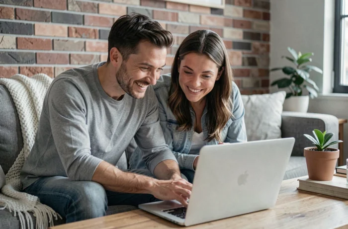 Couple jouant ensemble à un quiz sur la maison devant un ordinateur portable dans un salon cosy