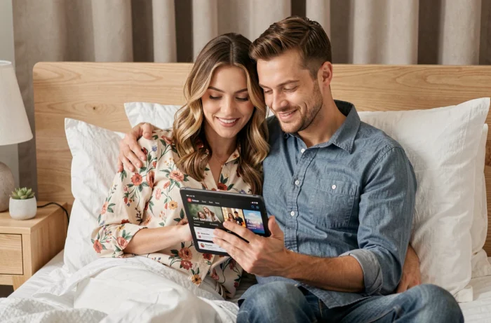 Couple partageant une tablette pour regarder des films et séries en français en streaming dans une chambre moderne