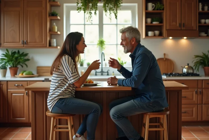 Couple assis sur des tabourets hauts à un plan snack en bois dans une cuisine chaleureuse, montrant la bonne proportion entre hauteur de tabouret et plan de travail