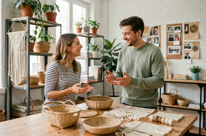 Deux jeunes créateurs français collaborant sur des objets artisanaux en fibres naturelles dans un atelier moderne à Lyon