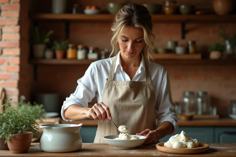 Femme en tablier de lin comparant crème fraîche et mascarpone dans une cuisine rustique