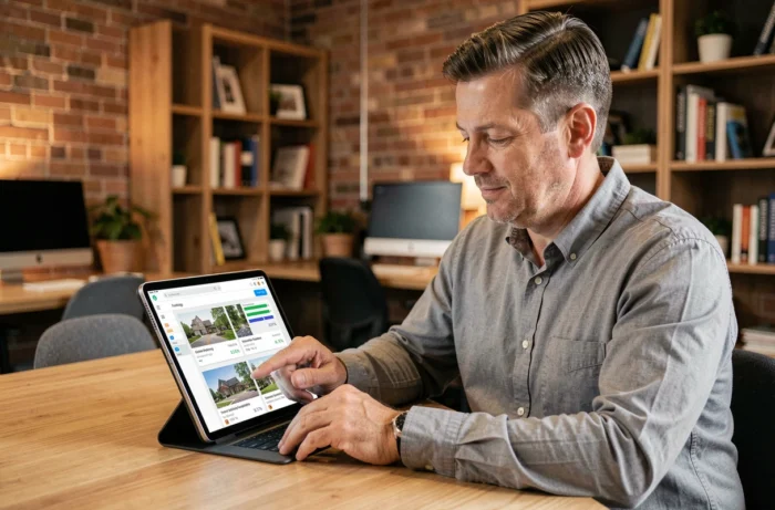 Un homme consultant une plateforme de crowdfunding immobilier agréée PSFP sur une tablette dans un espace de coworking moderne