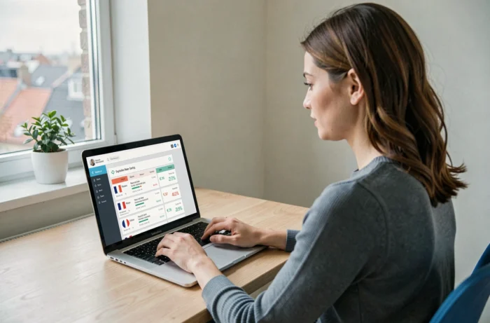 Une jeune investisseuse européenne utilisant une plateforme de crowdlending agréée pour placer son épargne via des prêts entre particuliers transfrontaliers