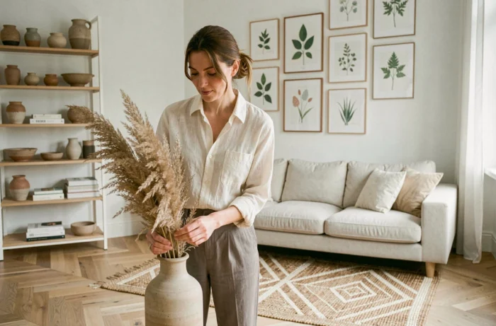 Femme arrangeant des herbes de pampa dans un salon scandinave au style épuré avec parquet en chêne et canapé en lin naturel