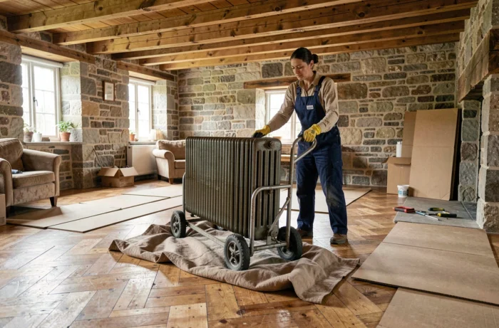 Femme déplaçant un radiateur en fonte sur un diable avec couverture de protection sur parquet en pin massif