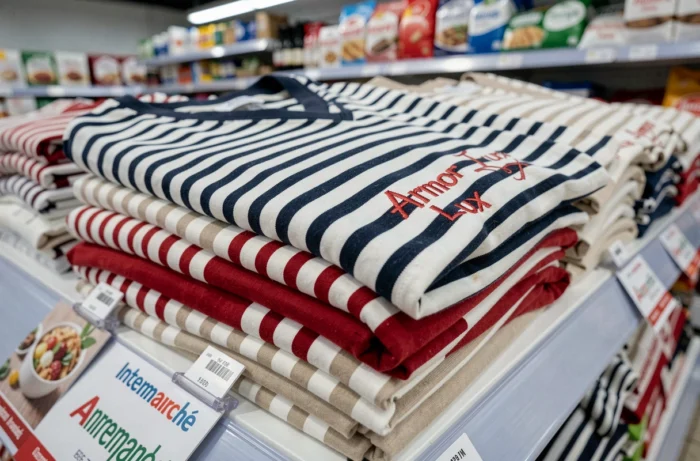 Gros plan sur des marinières Armor Lux rayées pliées en plusieurs coloris sur un rayon Intermarché avec étiquettes de prix