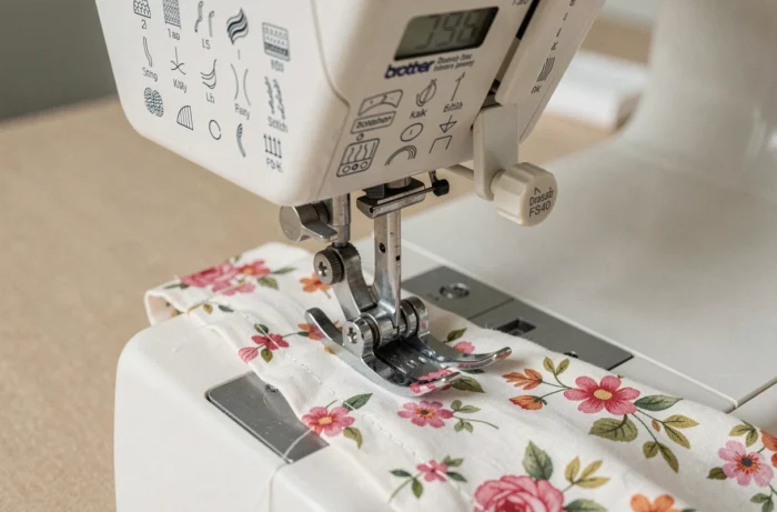 Gros plan sur le panneau de commande et le sélecteur de points de la machine à coudre Brother FS40 avec tissu fleuri en cours de couture