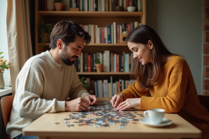 Deux personnes assemblant un puzzle complexe ensemble autour d'une table dans un appartement chaleureux et confortable