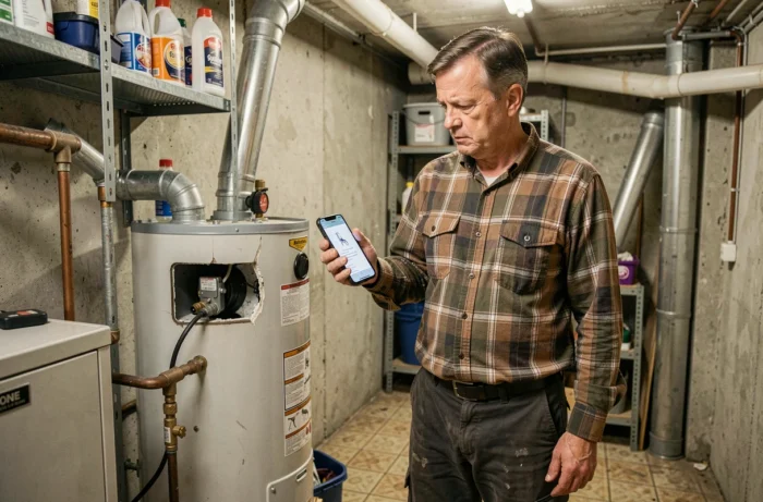 Homme consultant son téléphone pour diagnostiquer une panne de chauffe-eau dans une pièce technique à domicile