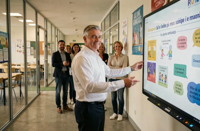 Directeur d'école présentant un tableau blanc interactif à des parents et enseignants dans un couloir scolaire