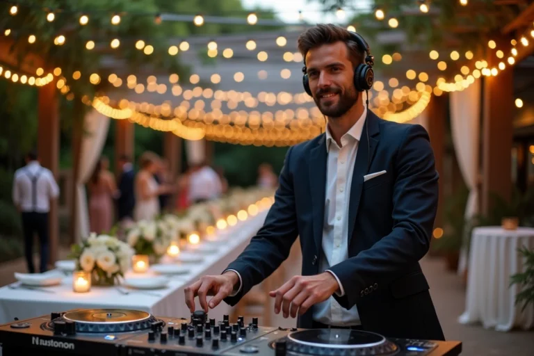 DJ professionnel derrière sa console lors d'une réception de mariage en plein air sous une pergola décorée