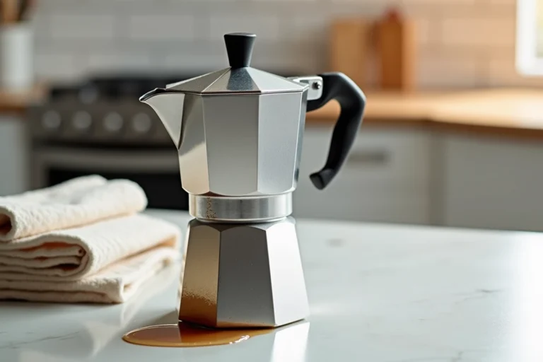Cafetière italienne en acier inoxydable avec résidu d'eau visible après utilisation sur un comptoir de cuisine