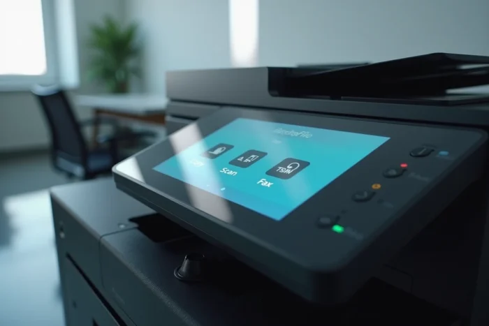 Gros plan sur l'écran tactile et le panneau de contrôle d'une imprimante multifonction laser couleur professionnelle Brother