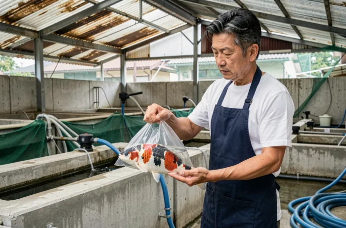 Éleveur japonais inspectant une carpe koï Taisho Sanke dans un sac d'exposition sur une ferme piscicole traditionnelle au Japon