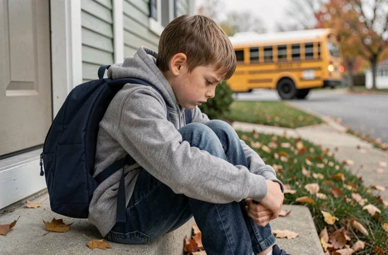 Jeune garçon anxieux assis sur les marches de sa maison avec son sac d'école, illustrant la peur de l'école ou didaskaleinophobie