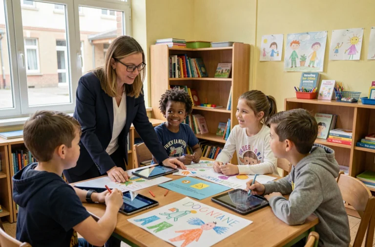 Enseignante guidant des élèves autour d'un projet collaboratif dans une salle de classe française moderne