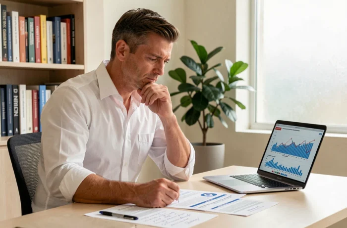 Entrepreneur analysant les indicateurs de performance clés de son entreprise dans un bureau privé