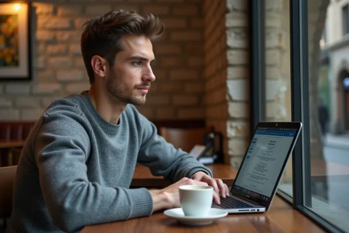 Jeune entrepreneur genevois travaillant sur son projet de startup dans un café traditionnel suisse