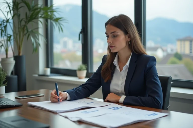 Entrepreneuse suisse analysant un plan de startup dans un espace de coworking moderne à Zurich