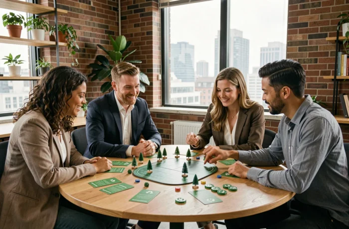 Équipe de collaborateurs jouant à un serious game écologique autour d'une table en bois dans un bureau moderne