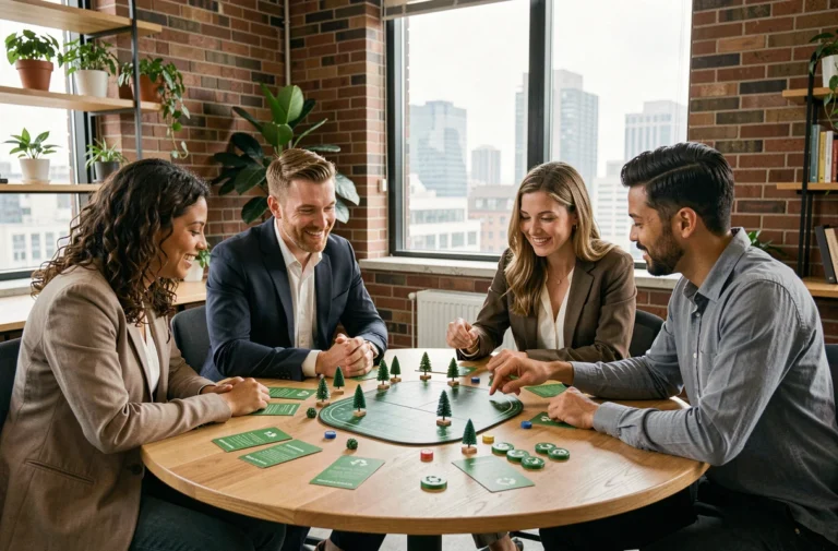 Équipe de collaborateurs jouant à un serious game écologique autour d'une table en bois dans un bureau moderne