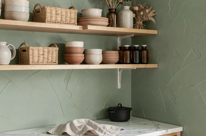 Étagère de cuisine décorée avec céramiques artisanales, paniers tressés et bouteilles en verre ambré sur fond vert sauge mat