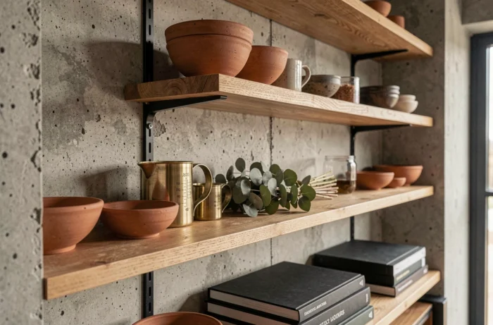 Étagères ouvertes stylisées en cuisine industrielle avec céramiques terracotta, accessoires en laiton et livres de cuisine sur mur en béton brut