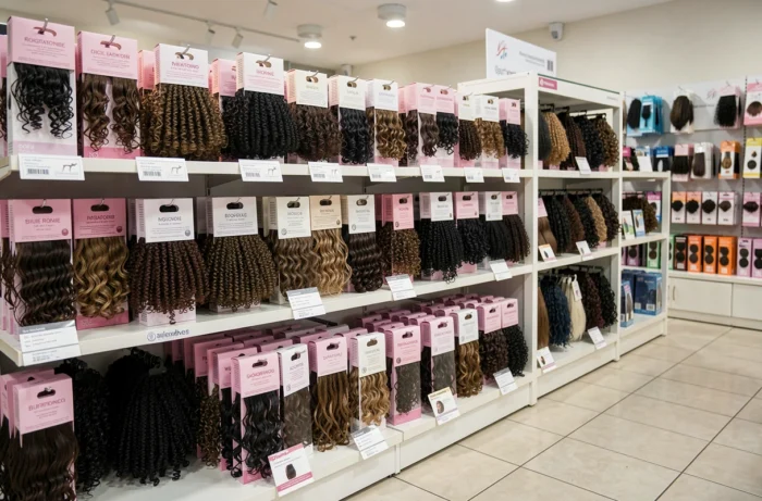 Étagères bien organisées d'un magasin de mèches afro avec une large sélection de textures et de types de cheveux
