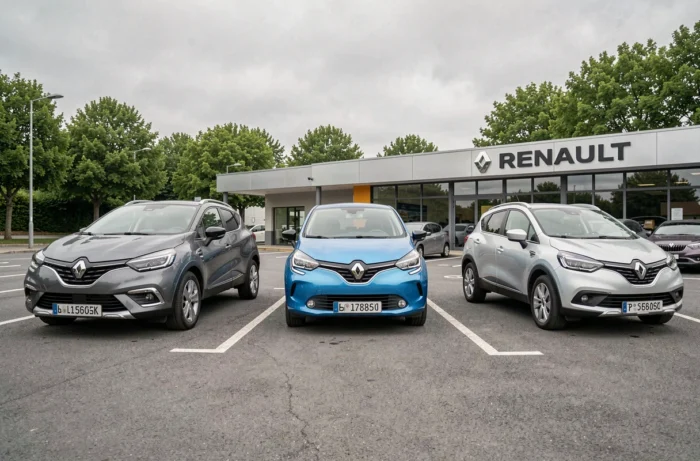 Rangée de véhicules Renault d'occasion exposés sur le parking extérieur du garage L'Union Auto près de Toulouse