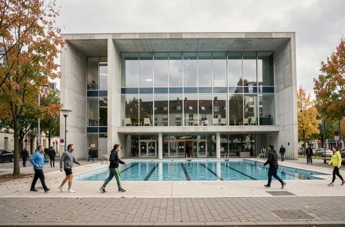 Façade extérieure de la piscine Jules Verne à Nantes avec architecture contemporaine en béton et verre