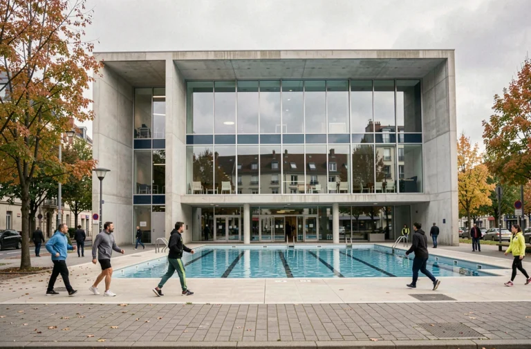Façade extérieure de la piscine Jules Verne à Nantes avec architecture contemporaine en béton et verre