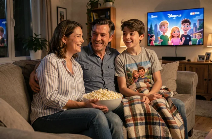 Famille réunie sur un canapé pour regarder un film Disney Plus lors d'une soirée cinéma à la maison