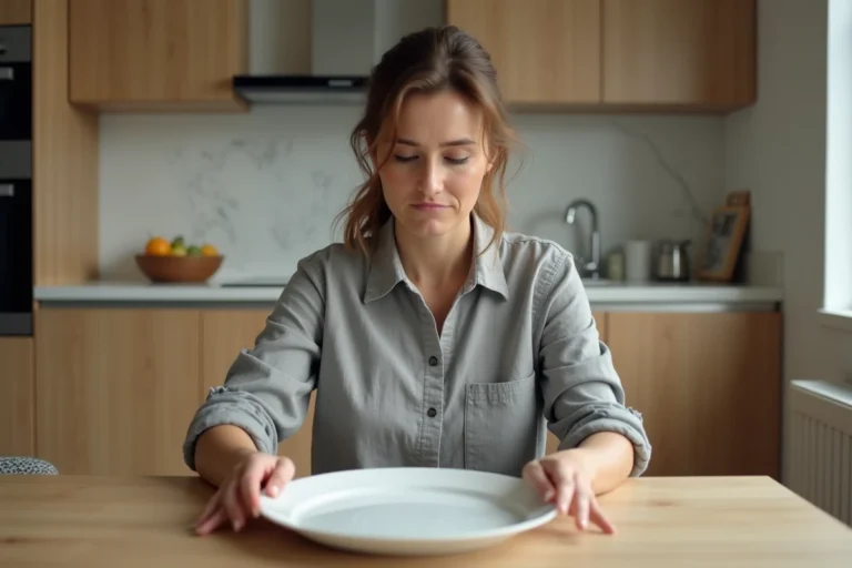 Femme devant une assiette vide hésitant à manger pour perdre du poids