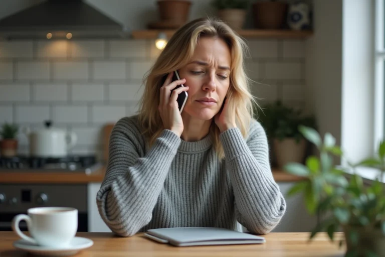 Femme attendant au téléphone avec un smartphone, expression patiente et légèrement frustrée, assise dans une cuisine moderne