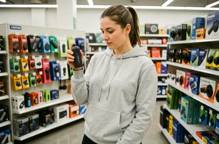 Femme tenant une bombe anti agression dans un magasin de sport Decathlon