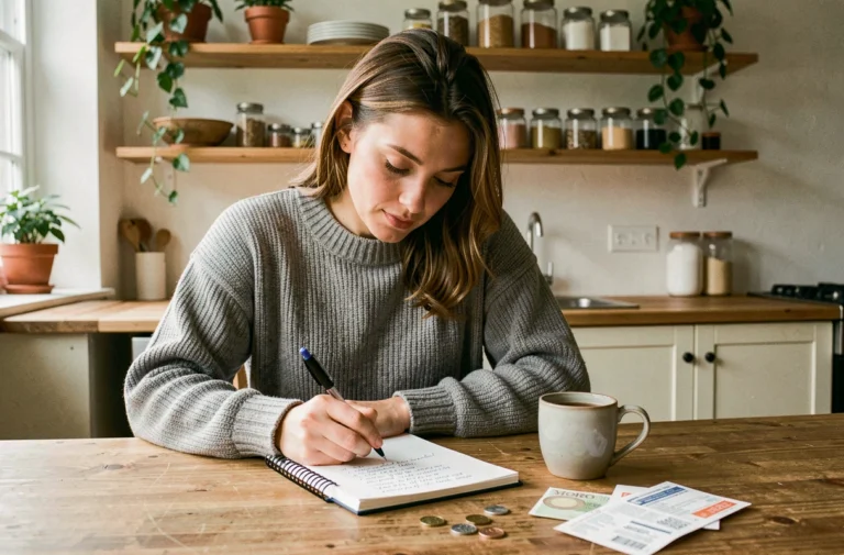 Femme organisant son budget ménager avec un carnet et des pièces de monnaie sur une table en bois