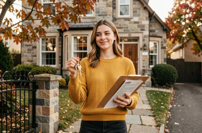 Jeune femme tenant les clés de sa nouvelle maison et ses documents de prêt immobilier devant une façade en pierre, symbolisant la réussite d'un achat immobilier grâce au crédit