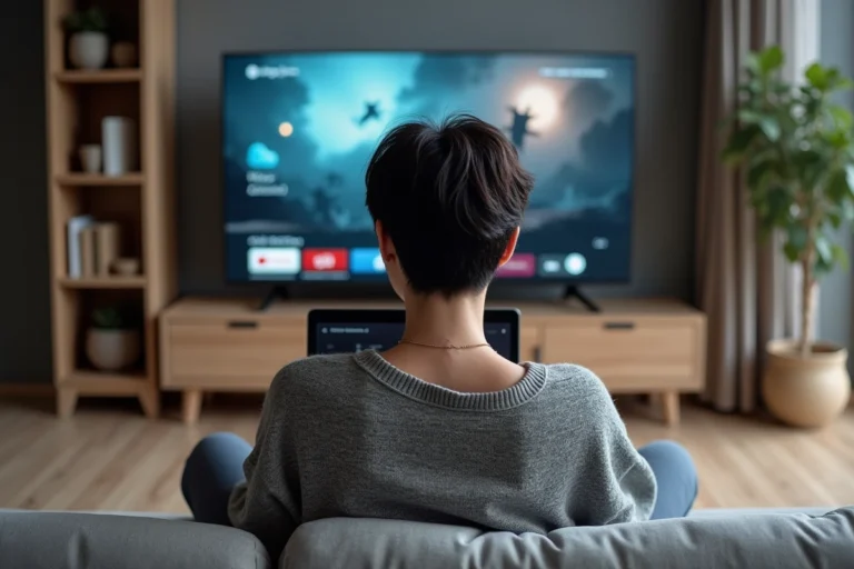 Femme comparant des plateformes de streaming en ligne sur télévision et ordinateur portable dans un salon moderne