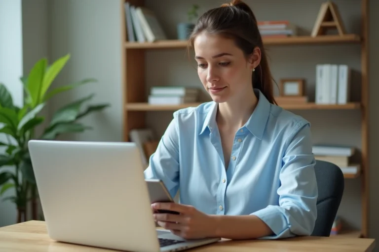 Femme consultant son compte CPF sur smartphone devant un ordinateur portable dans un bureau à domicile