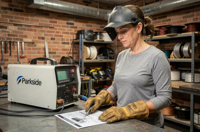 Femme consultant un guide de réglage de vitesse fil fourré MIG Parkside dans un atelier de soudure