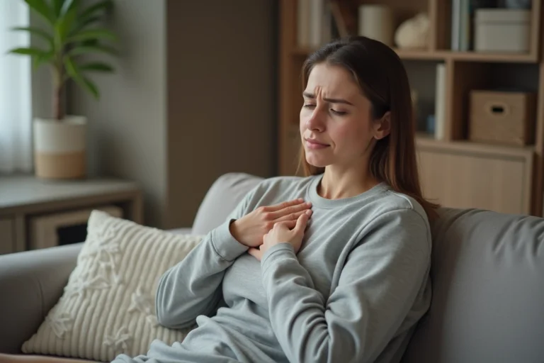 Femme portant un bébé ressentant une douleur thoracique assise sur un canapé à la maison