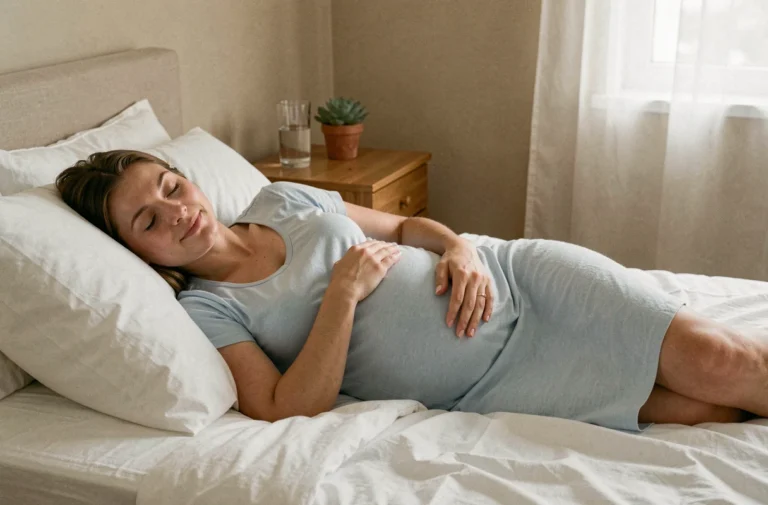 Femme enceinte avec décollement placentaire allongée sur le côté gauche avec un oreiller de grossesse pour mieux dormir