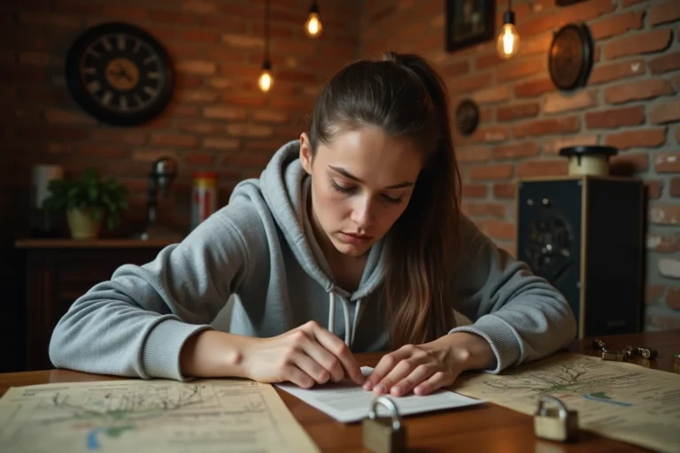 Jeune femme concentrée analysant des indices dans une salle d'escape room avec cadenas et notes manuscrites sur une table en bois