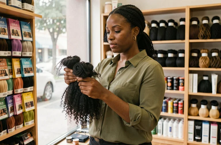 Femme afro examinant des mèches de cheveux dans un magasin spécialisé afro de qualité