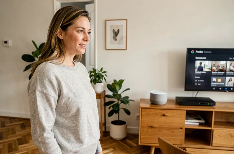 Femme utilisant Google Home pour contrôler sa Freebox dans un salon moderne et lumineux